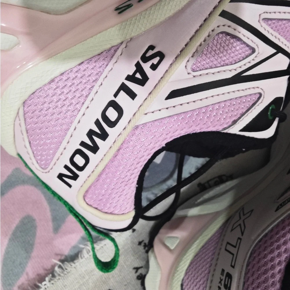 Salomon Pink and Black Women's Trail Sneakers with Green Pull Tabs
